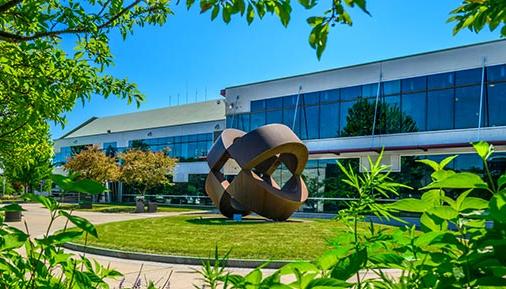 exterior of campus center and sculpture